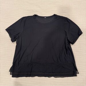 Lululemon Women’s Black Workout Tee Shirt with Swiss Dot Mesh Ruffle Detail - 8